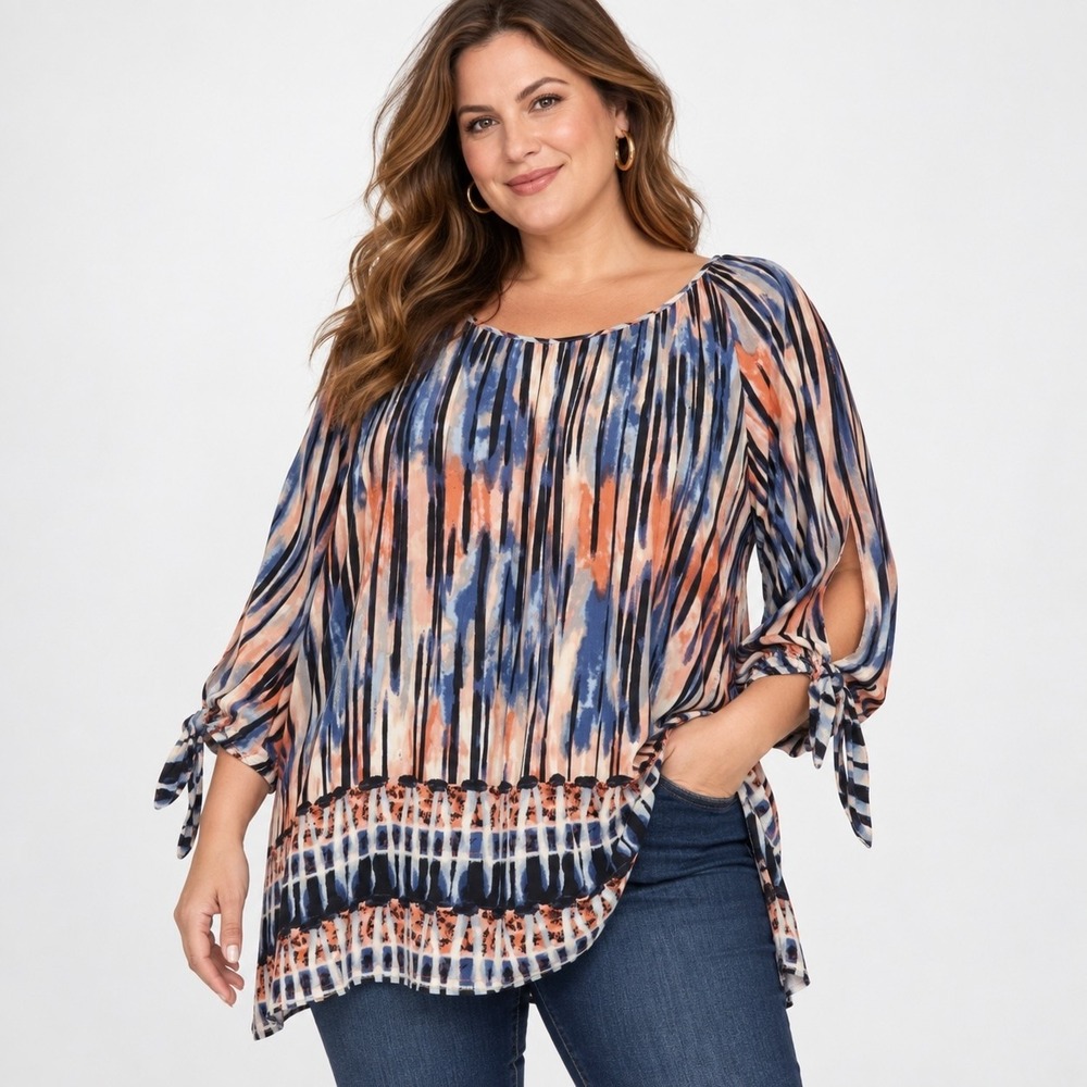Ali Miles Boho Tunic Top Womens 2X Multicolor Artwear Slit Tie Sleeve Casual